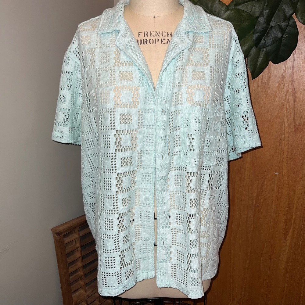 Original Use Crochet Knit Shirt Mens XXL Aqua Blue New Geometric Button Down